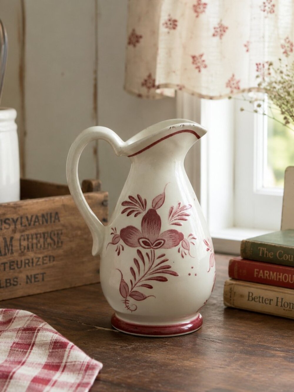 Vintage Ceramic Cream Pitcher Burgundy Floral Folk Art Farmhouse Cottage Deco